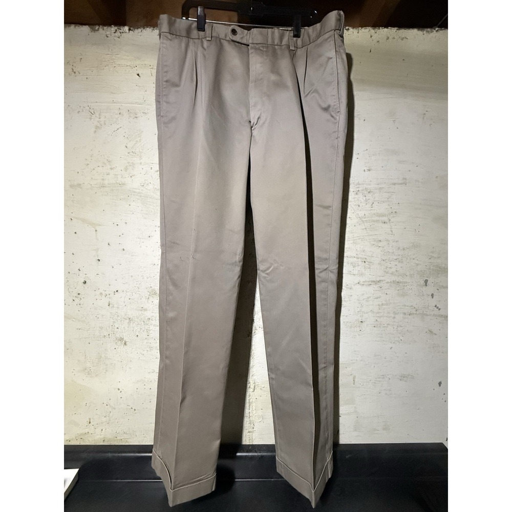 Joseph & Feiss 100% Cotton Pants Mens 40x34 BIEGE Pleated Cuffed Casual Trouser